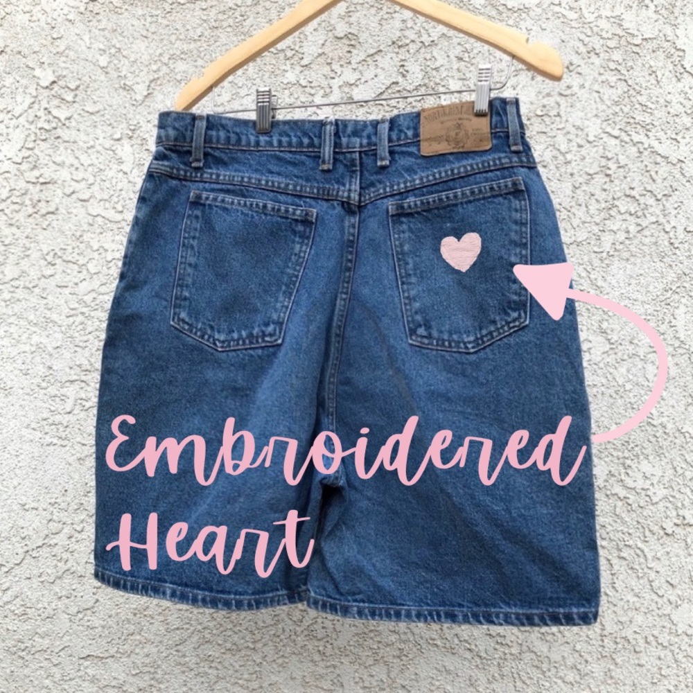 Vintage High Rise Jean Denim Shorts Light Pink Embroidered Heart